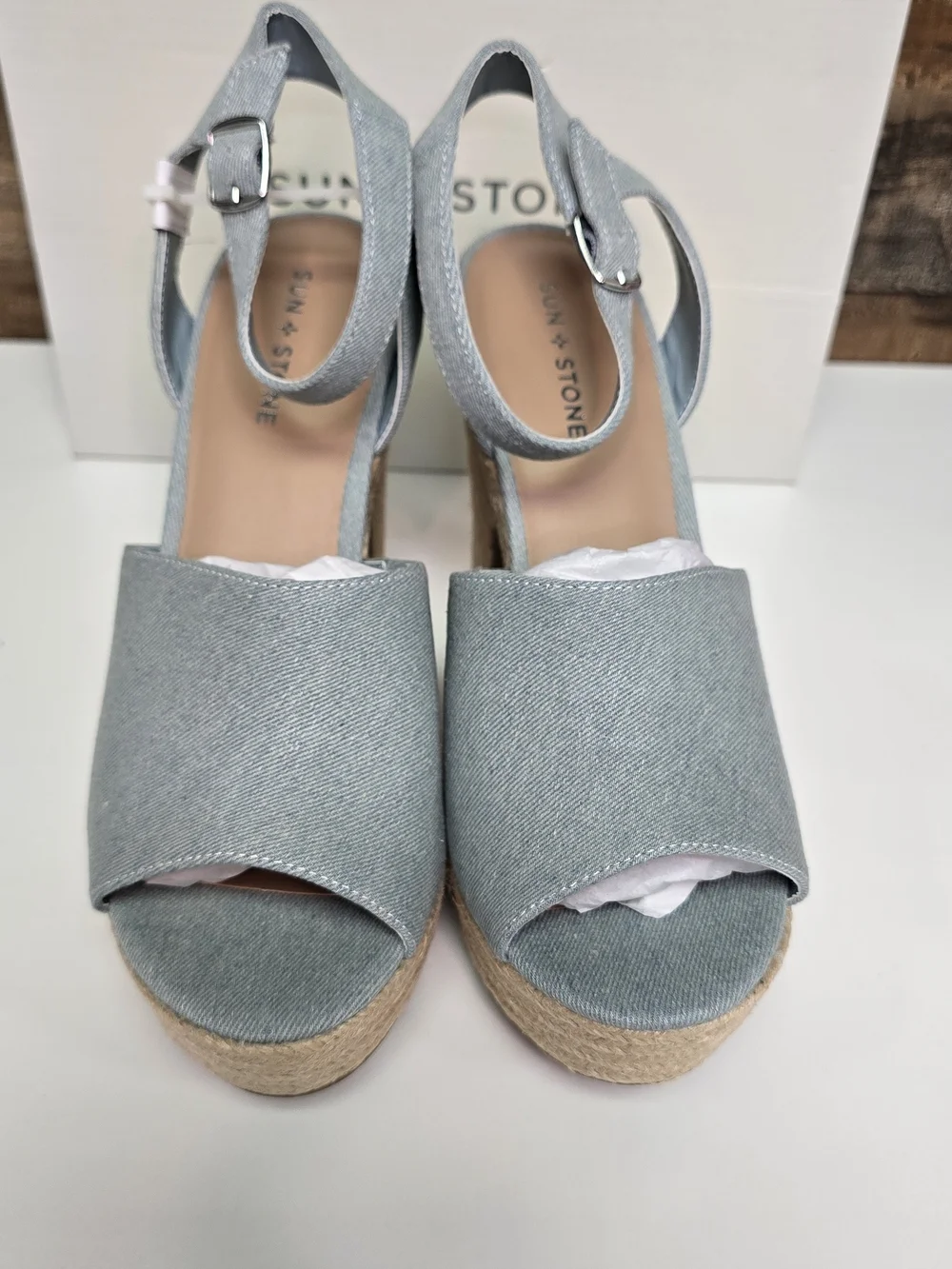 Sun + Stone Light Blue Denim Platform Espadrille Sandals